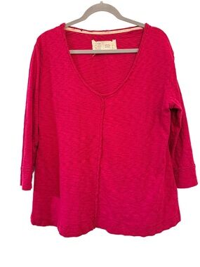 Anthropologie Saturday Sunday L Magenta V Neck 3/4 Sleeve Marled Top EUC